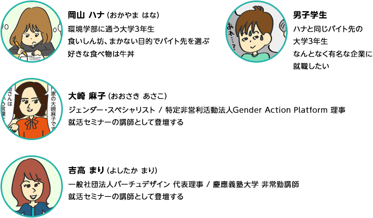 岡山 ハナ　環境学部に通う大学3年生　食いしん坊、まかない目的でバイト先を選ぶ　好きな食べ物は牛丼。男子学生　ハナと同じ大学3年生　なんとなく有名な企業に就職したい。大崎 麻子（おおさき あさこ）　ジェンダー・スペシャリスト / 特定非営利活動法人Gender Action Platform 理事　就活セミナーの講師として登壇する。吉高 まり（よしたか まり）　一般社団法人バーチュデザイン 代表理事 / 慶應義塾大学 非常勤講師　就活セミナーの講師として登壇する